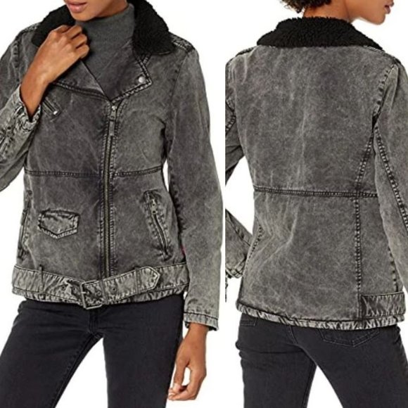 Levi's Jackets & Blazers - Levi's Women's Size M Black Acid Washer Denim Belted Sherpa Moto Jacket